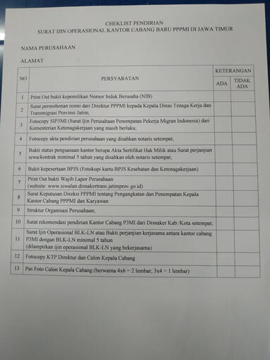 SYARAT PENDIRIAN SIO KANTOR CABANG BARU P3MI DI JATIM